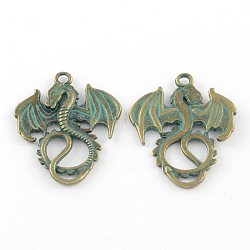 Alliage de zinc pendentifs de dragon, Sans cadmium & sans nickel & sans plomb, bronze antique et patine verte, 35x27x2mm, Trou: 2.5mm