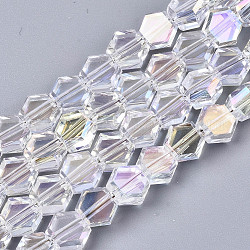 Chapelets de perles en verre électroplaqué, hexagone plaqué couleur ab, clair ab, 7x8x4.5mm, Trou: 1.5mm, Environ 71~72 pcs/chapelet, 19.69 pouce (50 cm)
