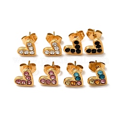 Heart 304 Stainless Steel Rhinestone Stud Earrings, 316 Surgical Stainless Steel Pin Ear Studs, with Ear Nuts, Golden, Mixed Color, 7x8.5mm, Pin: 0.7mm