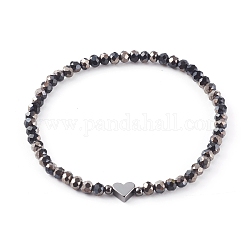 Electroplate Faceted Round Glass Beaded Bracelets, with Brass Heart Beads, Black, Inner Diameter: 2-3/8 inch(6.1cm)