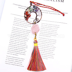 Natural Rose Quartz Alloy Pendant Decoration, with Natural Mixed Gemstone Chip and Tassels Pendants, Nuggets with Tree of Life, 270x50mm
