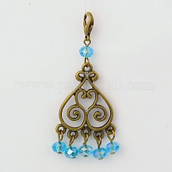 Glass Pendant Decorations Backpack Charms, with Tibetan Style Chandelier Components and Alloy Lobster Claw Clasps, Deep Sky Blue, 61mm