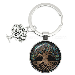 Porte-clés en verre, plat rond avec breloques arbre de vie, 6.2 cm