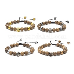 4 pièces 4 couleurs en bois naturel et alliage crâne et ensemble de bracelets de perles tressées en hématite synthétique, bracelets réglables empilables pour femmes, couleur mixte, diamètre intérieur: 2-1/2~3-1/2 pouce (6.5~9 cm), 1 pc / couleur