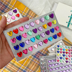 Plastic Rhinestone Self-Adhesive Stickers, Waterproof Bling Faceted Heart Crystal Decals for Party Decorative Presents, Kid's Art Craft, Colorful, 75x150mm