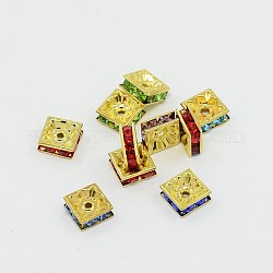 Abalorios de latón Diamante de imitación espaciador, Grado A, color metal dorado, cuadrado, color mezclado, 8x8x4mm, agujero: 1 mm