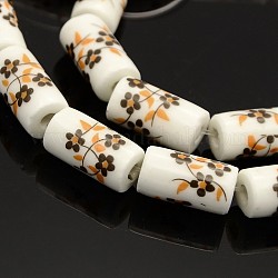 Handmade Flower Printed Porcelain Ceramic Column Beads Strands, Coconut Brown, 17~18x9mm, Hole: 3mm, about 20pcs/strand, 14.2inch