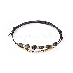 Bracelets en cuir de vachette, avec des perles d'obsidienne à facettes naturelles et des perles de cube en laiton, 2-1/4 pouce (5.7 cm)