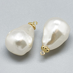 ABS Plastic Imitation Pearl Pendants, with Brass Findings, teardrop, Real 18K Gold Plated, Creamy White, 21.5x14x14mm, Hole: 0.5mm