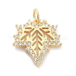 Brass Micro Pave Clear Cubic Zirconia Pendants, with Jump Ring, Long-Lasting Plated, Leaf, Real 18K Gold Plated, 15.5x15x2mm, Jump Ring: 5x1mm, 3.5mm Inner Diameter