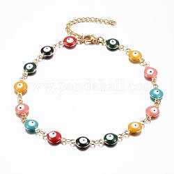 304 Stainless Steel Link Bracelets, Evil Eye, Real 18k Gold Plated, Colorful, 9-5/8 inch(24.5cm)
