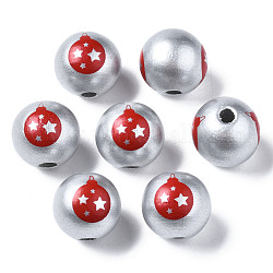 Painted Natural Wood European Beads, Large Hole Beads, Printed, Christmas, Round, Silver, 16x15mm, Hole: 4mm