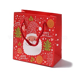 Sacchetti regalo in carta con stampa babbo natale natalizio con manico in corda di nylon, rosso, rettangolo, 14.9x13.9x0.5cm, spiegare: 13.9x7.1x14.9 cm