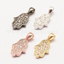 Brass Micro Pave Grade AAA Cubic Zirconia Charms, Long-Lasting Plated, Hamsa Hand/Hand of Fatima/Hand of Miriam, Cadmium Free & Nickel Free & Lead Free, Mixed Color, 14x9x2mm, Hole: 3x4mm