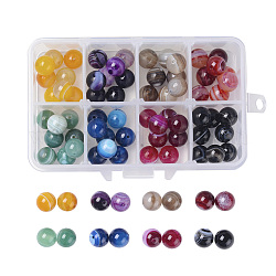 Agate à rayures naturelles/perles d'agate à bandes, ronde, teints et chauffée, Grade a, couleur mixte, 10mm, Trou: 1mm, 8colors, 10 pcs / couleur, 80 pcs / boîte