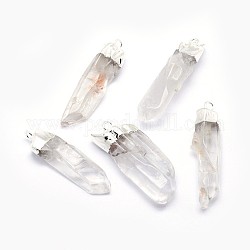 Pendentifs pointus en cristal de quartz naturel, pendentifs en cristal de roche, avec accessoires en laiton plaqué argent, pépites, 20~52x5~14x6~12mm, Trou: 2.5mm
