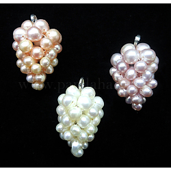 Pendenti con perle d'acqua dolce coltivate naturali, uva, colore misto, misura:circa18~20mm larghezza, 30~31 mm di lunghezza, Foro: 2 mm