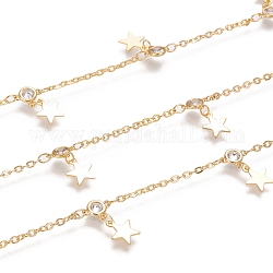 3.28 Feet Handmade Brass Rolo Chain, Belcher Chain, with Charms, Cubic Zirconia, Soldered, Long-Lasting Plated, Star, Golden, Oval Link: 4x2.5x0.5mm and 2.5x2x0.5mm, Flat Round Link: 8.5x6.5x2mm