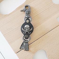 Porte-clés pendentif en cuir, avec les accessoires en alliage et fermoirs mousqueton, plat rond avec le crâne, gris ardoise, 14 cm