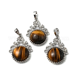 Natural Tiger Eye Pendants, with Rack Plating Brass Findings, Cadmium Free & Lead Free, Flat Round & Flower, 34~34.5x25.5~26x8.5~9mm, Hole: 8x5.5mm