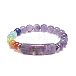 Natural Amethyst Rectangle & Mixed Stone Beaded Stretch Bracelet, Chakra Yoga Jewelry for Women, Inner Diameter: 2-1/8 inch(5.5cm)