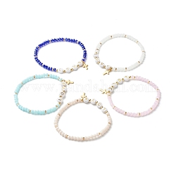 Bracelets stretch avec perles en verre, avec des perles acryliques et laiton, 304 acier inoxydable breloques croisés, mot d'amour, couleur mixte, diamètre intérieur: 2-1/4 pouce (5.7 cm)