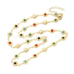 Collares de cadena de eslabones de flores de esmalte colorido, joyas de latón para mujer, real 24k chapado en oro, 17.64 pulgada (44.8 cm)