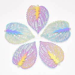 Ion Plating(IP) 201 Stainless Steel Filigree Pendants, Etched Metal Embellishments, Leaf, Rainbow Color, 47x35x0.2mm, Hole: 1.6mm