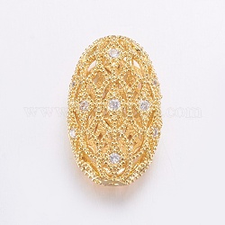 Brass Micro Pave Cubic Zirconia Beads, Long-Lasting Plated, Hollow Oval, Clear, Real 18K Gold Plated, 19x11.5x7mm, Hole: 1mm