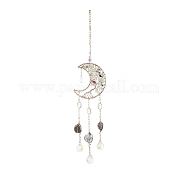 Copeaux de fluorite naturelle lune perlée avec arbre de vie attrape-soleil suspendus, avec goutte de verre, avec les accessoires en fer, 415mm