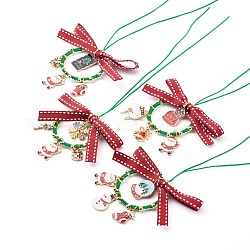 Christmas Theme Decorations, with Alloy Enamel Charms, Grosgrain Polyester Ribbon, Brass Beads & Linking Rings, Braided Nylon Thread, Mixed Color, 250mm