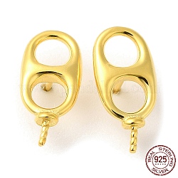 Accessoires de clous d'oreilles en 925 argent sterling, languette pop ovale, pour la moitié de perles percées, véritable 18k plaqué or, 13.5x6x2mm, pin: 0.7 mm