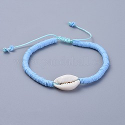 Braccialetti intrecciati di perline heishi in argilla polimerica ecologici fatti a mano, con perle di conchiglia di ciprea e cordino di nylon, blu, 2 pollice ~ 3-1/8 pollici (5~8 cm)