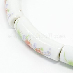 Handmade Flower Printed Porcelain Ceramic Curved Tube Beads, Curved Tube Noodle Beads Strands, Coral, 32~40x9mm, Hole: 4mm, about 10pcs/strand, 14.76 inch