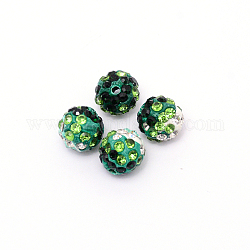 Perles de boule pavé disco , Perles de strass en argile polymère, ronde, péridot, pp13 (1.9~2mm), 6 rangs de strass, 10mm, Trou: 2mm