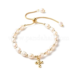 Bracelets réglables en perles de perles naturelles, avec 304 chaînes vénitiennes en acier inoxydable et breloque croix en laiton, beige, 0.15 cm, diamètre intérieur: 1-3/4~3-1/4 pouce (4.5~8.2 cm)