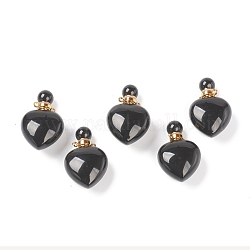 Pendentifs en agate noire naturelle, flacon de parfum ouvrable, avec les accessoires en laiton de tonalité d'or, forme de coeur, teints et chauffée, 33~35x22~23x12~13mm, Trou: 3.5mm, capacité: 1 ml (0.03 oz liq.)