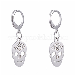 304 Stainless Steel Leverback Earrings, with 201 Stainless Steel Pendants, Skull, Stainless Steel Color, 34mm, Pin: 0.6x0.8mm