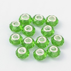 Abalorios europeos cristal hechos a mano, Abalorios de grande agujero, núcleo de latón en color plata, verde, 14x8mm, agujero: 5 mm