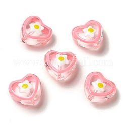 Perles en verre transparentes, avec motif de vagues en émail, cœur, rose, 12x12x6.5mm, Trou: 1mm