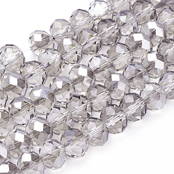 Electroplate Glass Beads Strands, Half Silver Plated, Faceted, Rondelle, Clear, 10x7mm, Hole: 1mm, about 70~72pcs/strand, 18 inch