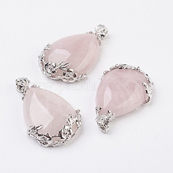 Idées cadeaux Saint Valentin pour les gars pendentifs quartz rose naturel, avec les accessoires en laiton, larme, platine, 43x26x8mm, Trou: 5x4mm