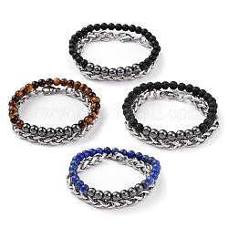 Kits de bijoux de bracelet extensible unisexe et de bracelet de chaîne, bracelets empilables, avec des perles naturelles et synthétiques pierres précieuses, 304 chaîne de blé en acier inoxydable et sac de jute, ronde, bracelet extensible : 2-1/4 pouce (5.85 cm), bracelet chaîne : 7-1/4 pouce (18.5 cm), 2 pièces / kit