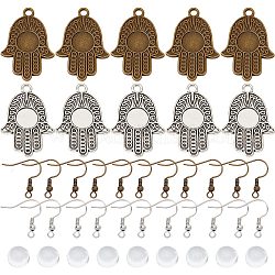 SUNNYCLUE DIY Blank Dome Earrings Making Kit, Include Hamsa Hand Alloy Pendant with Tray, Half Round Glass Cabochons, Brass Earring Hooks, Antique Bronze & Antique Silver, 120Pcs/box