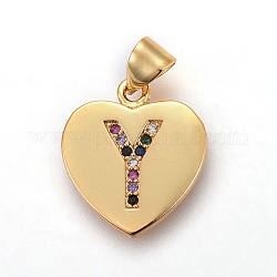 Brass Micro Pave Cubic Zirconia Pendants, Heart with Letter, Colorful, Letter.Y, 17x15x1.5mm, Hole: 3.5x4.5mm