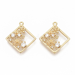 Brass Micro Pave Clear Cubic Zirconia Peg Bails Pendants, for Half Drilled Beads, Nickel Free, Real 18K Gold Plated, Rhombus with Flower, 21x19x3mm, Hole: 1.2mm, Diagonal Length: 21mm, Side Length: 14mm, Pin: 0.8mm