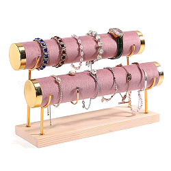 Présentoir de bracelet de barre de velours 2 t, support organisateur de bijoux avec base en bois, pour bracelets, rangement pour montres, rouge violet pâle, 29x10x18.5 cm