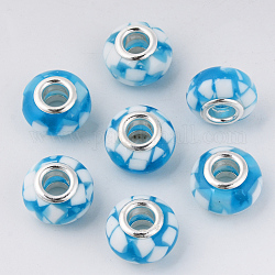 Resina perline europei, perline con foro grande, con tono platino ottone doppie core, rondelle, cielo blu profondo, 14x9mm, Foro: 5 mm