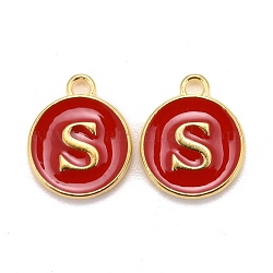 Golden Plated Alloy Enamel Charms, Cadmium Free & Lead Free, Enamelled Sequins, Flat Round, Red, Letter.S, 14x12x2mm, Hole: 1.5mm