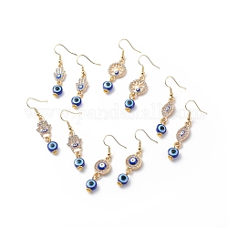 Boucles d'oreilles pendantes en cristal avec strass et mauvais œil en émail, boucles d'oreilles pendantes en laiton avec perles de résine pour femmes, or, Modèles mixtes, 48~51.5mm, pin: 0.7 mm